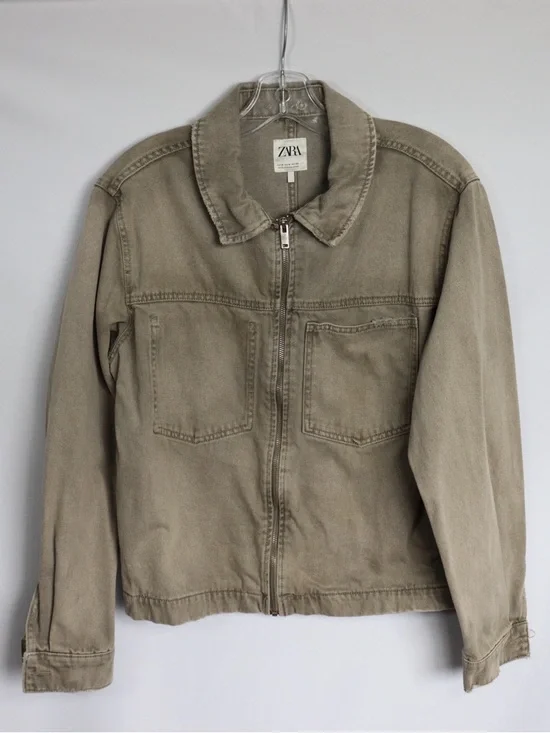 Zara Olive Utility Jacket Zip Front Cropped Size M Women’s - Picture 2 of 9